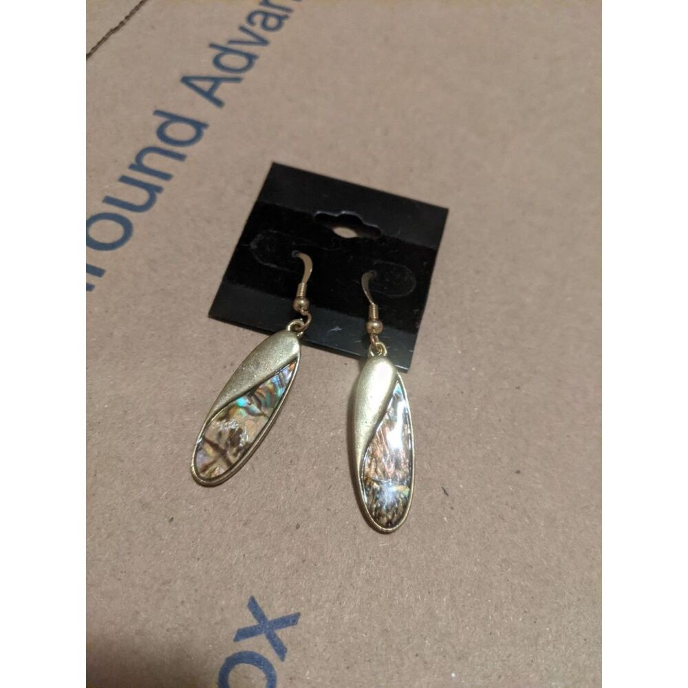 Vintage Boho Gold Tone Abalone Shell Inlay Dangle Earring
